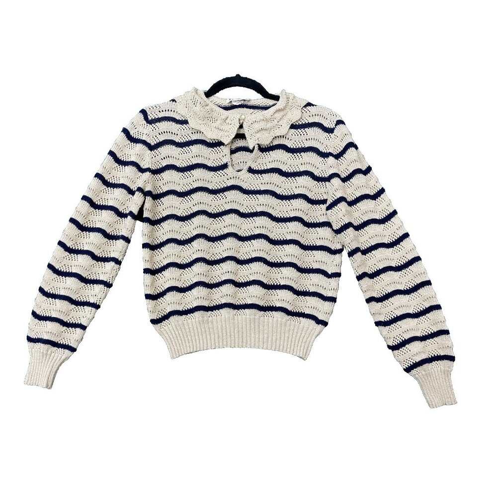 Vintage RK Knits Youth Sweater Girl Size 14  Knitted Striped Blue Beige Stretch